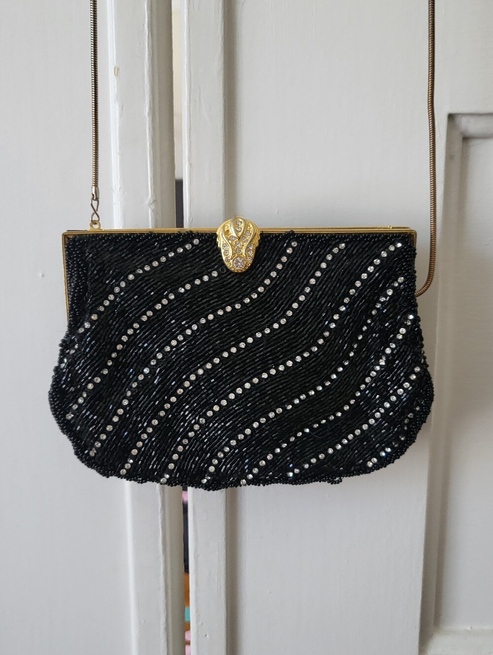 Vintage Walborg Hand Beaded Rhinestone Black Evening Bag Gold Toned Hardware